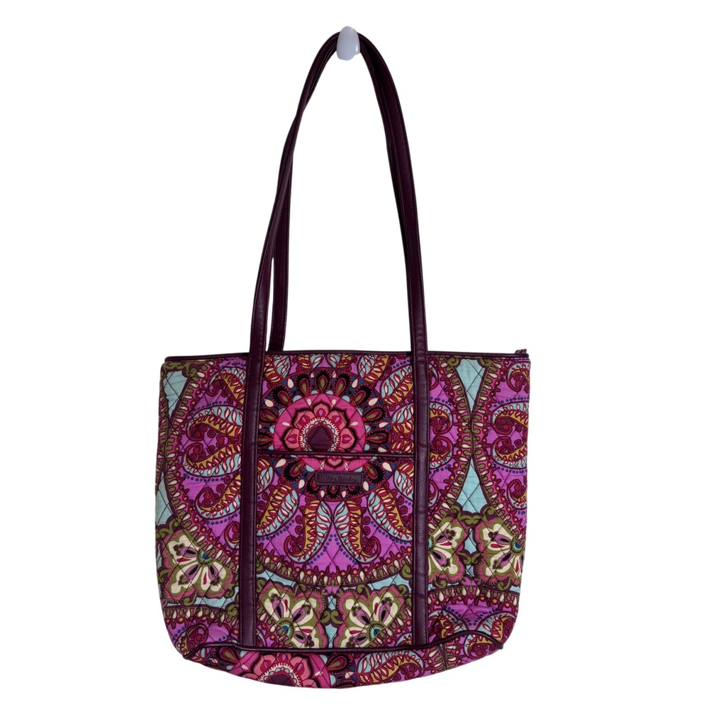 Vera Bradley Pink Paisley Quilted Cotton Tote Bag Straps Boho Festival Floral - Picture 2 of 9